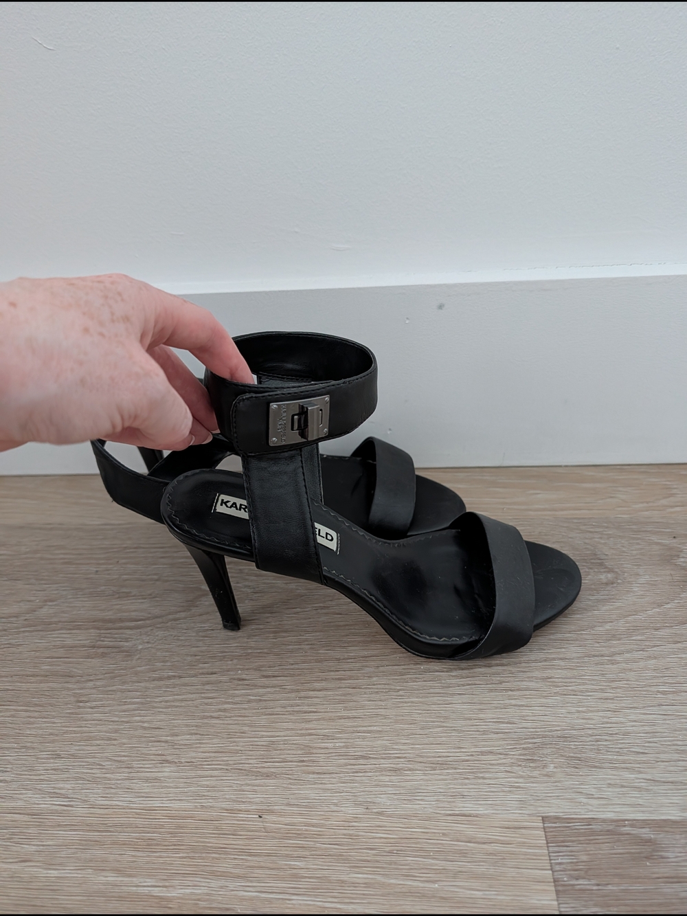 Karl Lagerfeld Black Leather Ankle-Strap Heeled Sandals